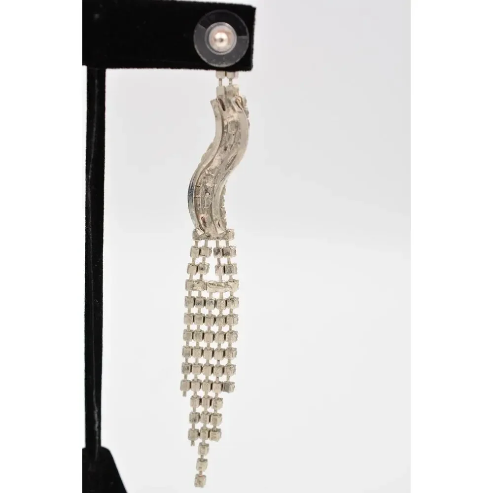 Vintage Dangle Earrings Rhinestone Crystal Fringe Chain Prong Silver 1980s 9L